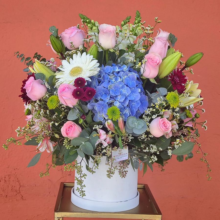 Caja redonda blanca con rosas rosas, hortensia azul, margaritas blancas y lilis